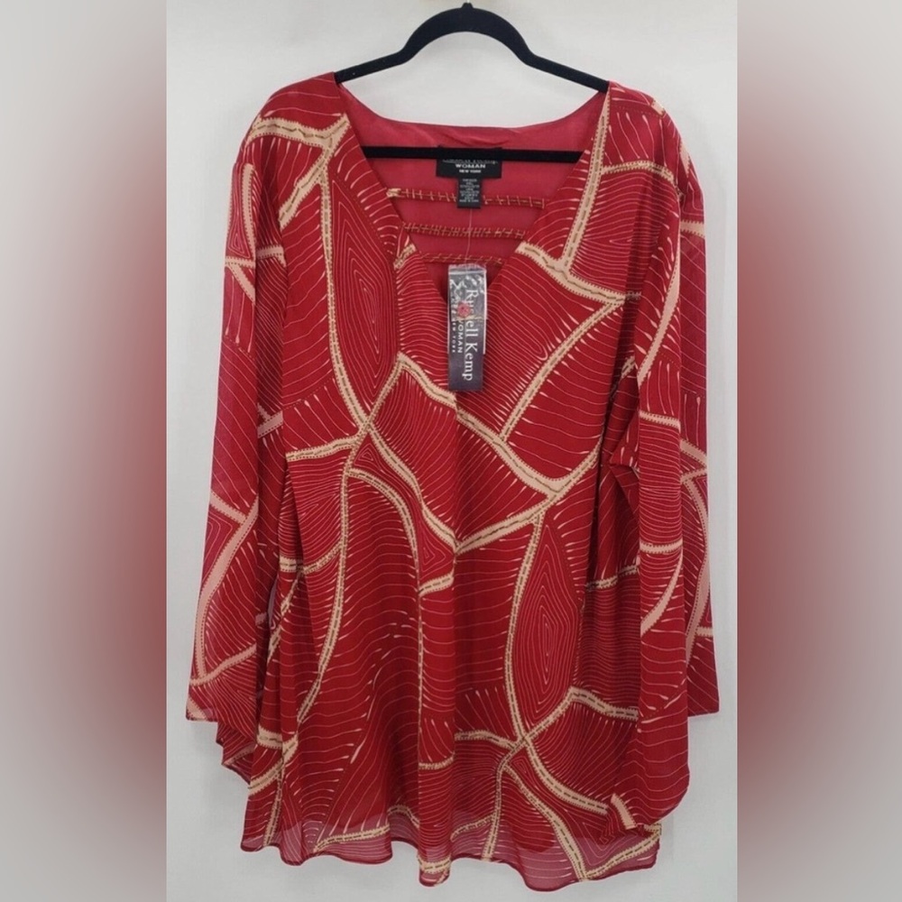 Russell Kemp Vibrant Red Blouse with Gold Patterns